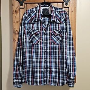 Guess Western Blue Red White Plaid Snap Button Long Sleeve Shirt Men's  2XL